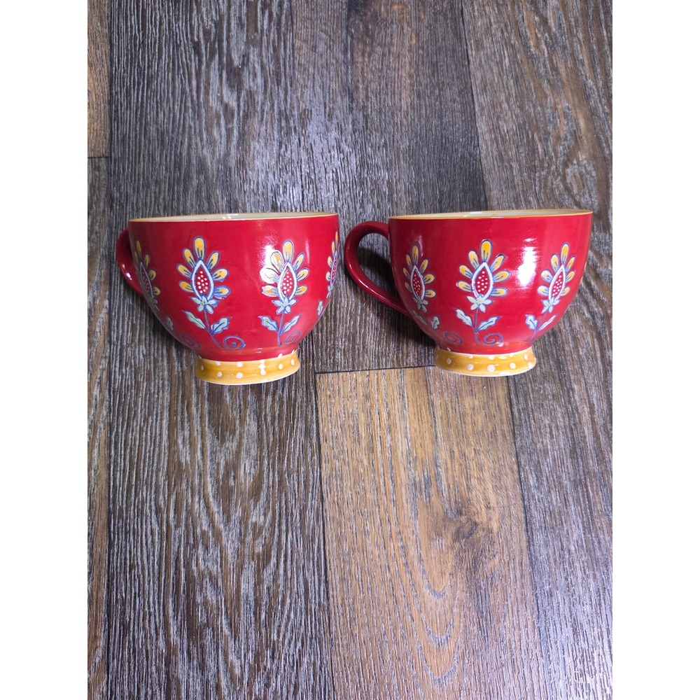 Gracie China Coastline Imports Red Floral Tea Coffee Cups Mugs Set of 2 Boho